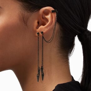 Black 3&quot; Gothic Spike Linear Ear Cuff Drop Earrings,