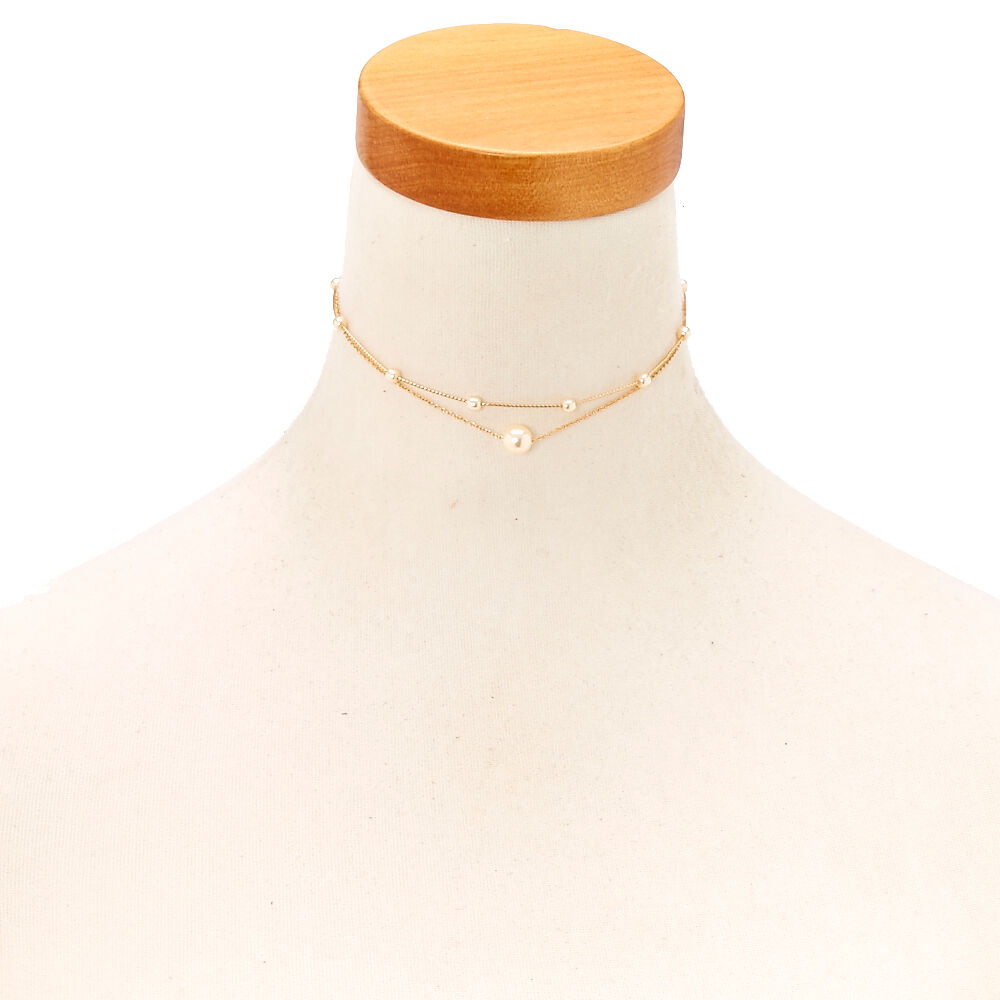 Gold Pearl Double Chain Choker Necklace,