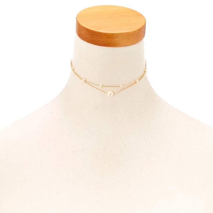 Gold Pearl Double Chain Choker Necklace,