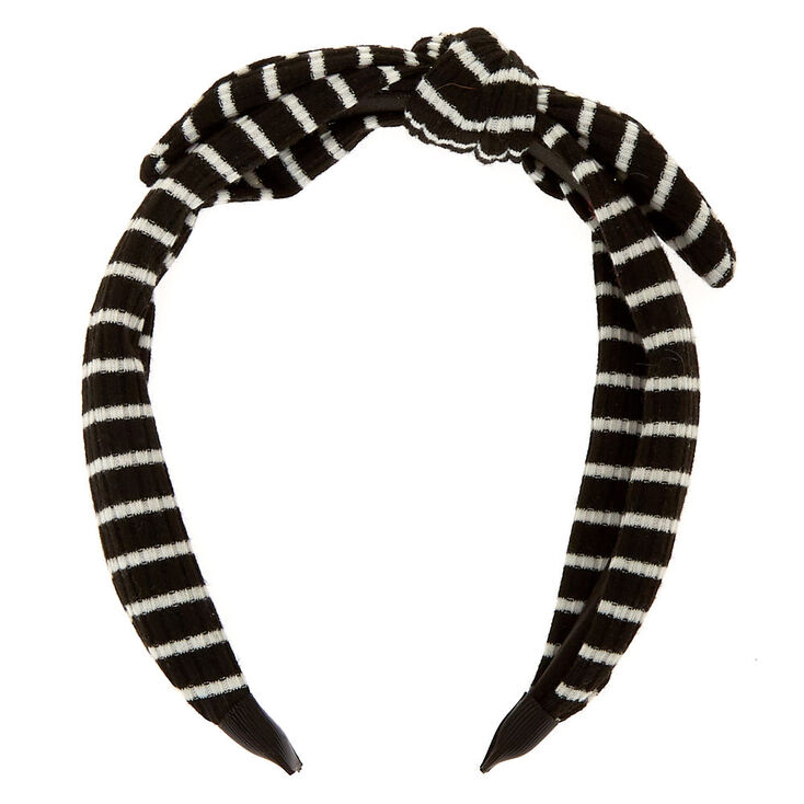 Ribbed Striped Knotted Bow Headband - Black,