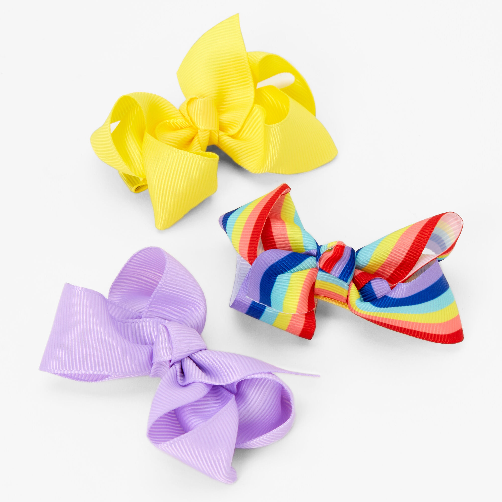 View Claires Club Rainbow Striped Bow Hair Clips 3 Pack Yellow information