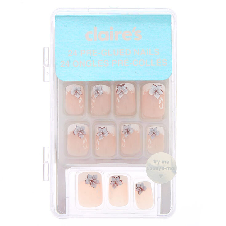 Faux ongles carr&eacute;s French manucure motif floral - Lot de 24,