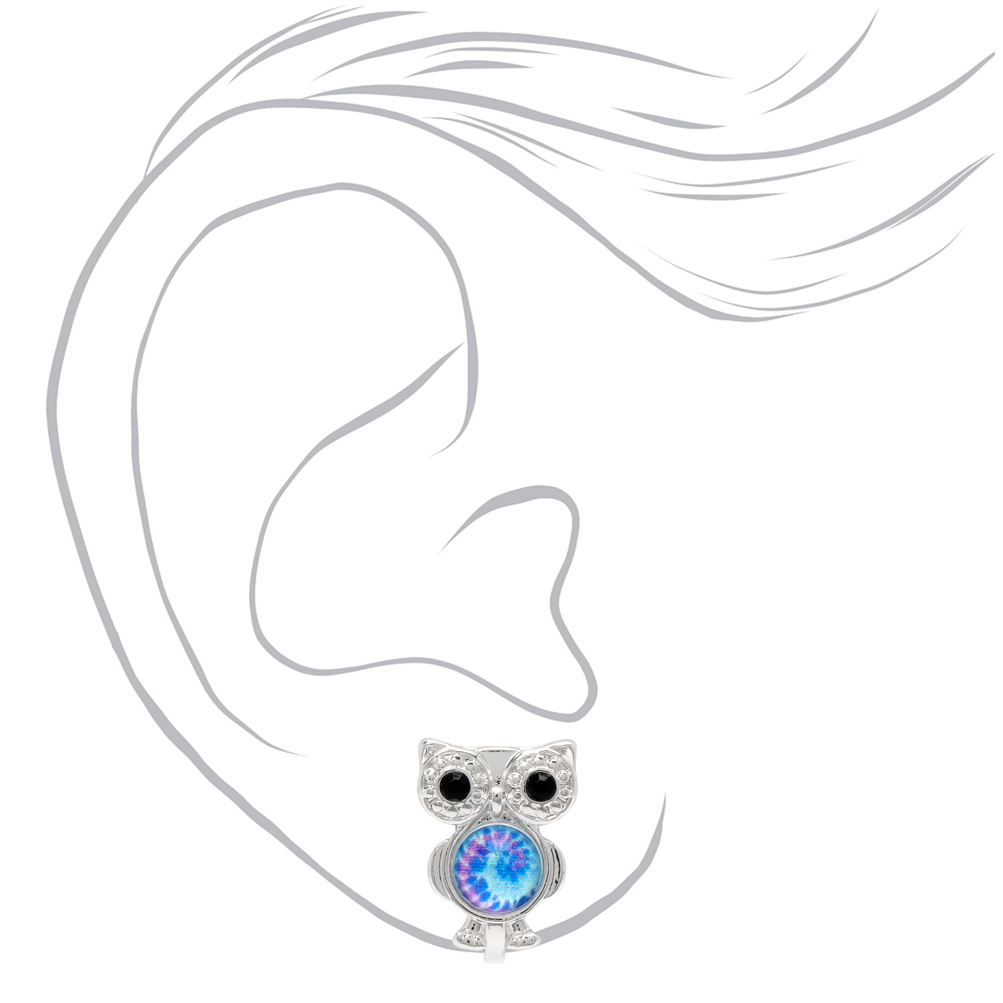 Silver Tie Dye Owl Clip On Stud Earrings