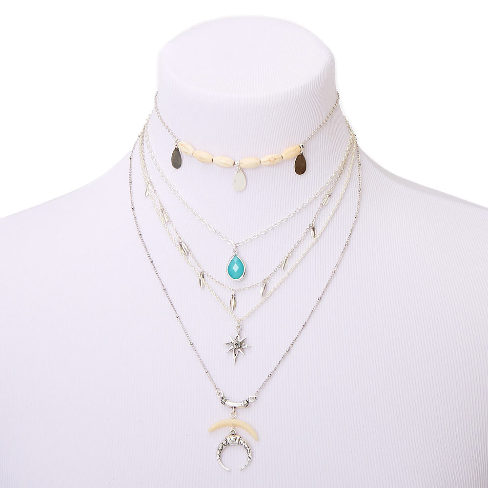 Silver Wild West Multi Strand Choker Necklace - Turquoise,