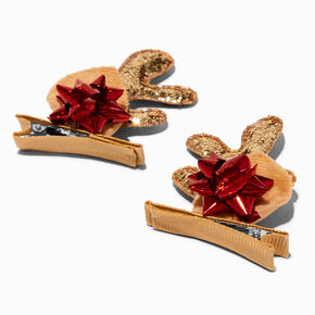 Reindeer Antlers &amp; Gift Bow Hair Clips - 2 Pack,