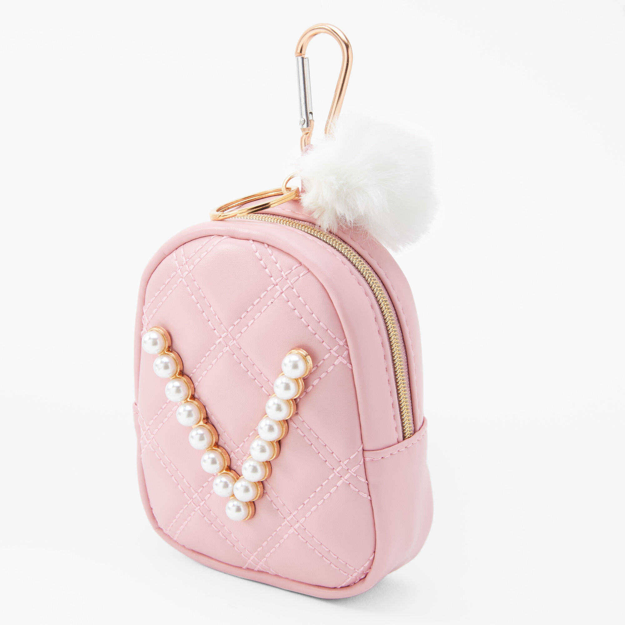 Claire's Porte-clés mini sac à dos perles d’imitation à initiale - Rose tendre, V