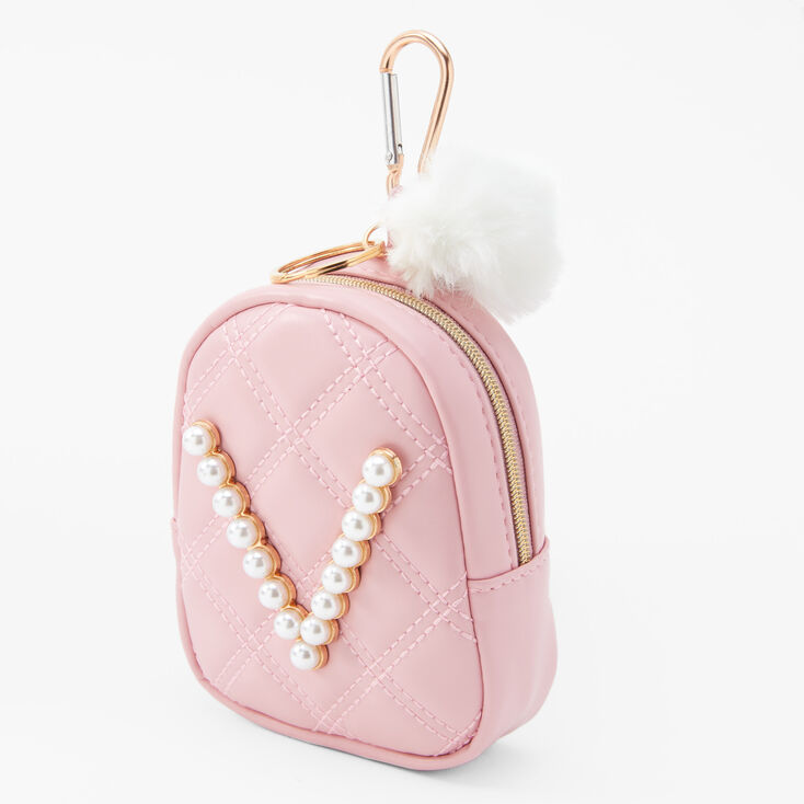 Initial Pearl Mini Backpack Keychain - Blush Pink, V,