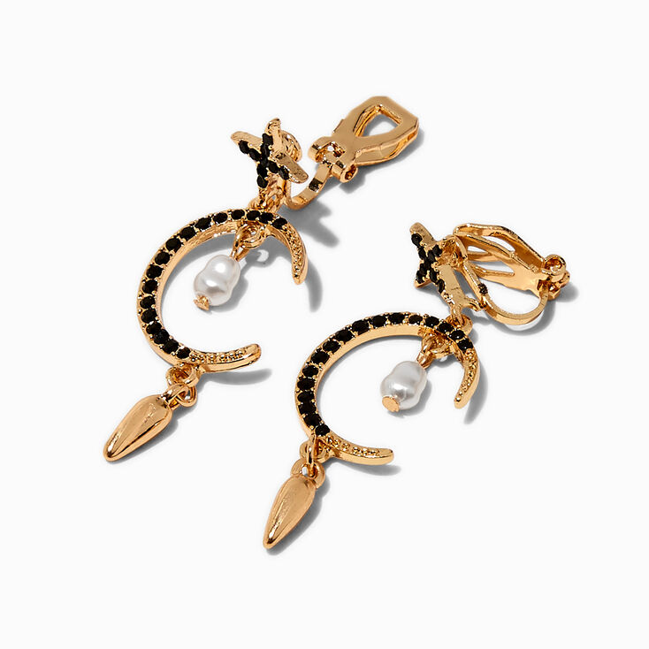 Gold-tone Cross Moon Dagger Clip-On Drop Earrings ,