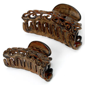 Filigree Wooden Hair Claws - Brown, 2 Pack,