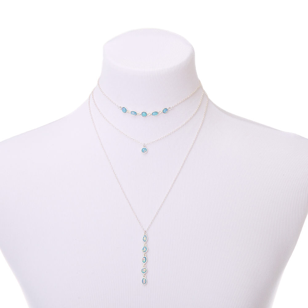 Silver Shimmer Stone Multi Strand Choker Necklace - Aqua,