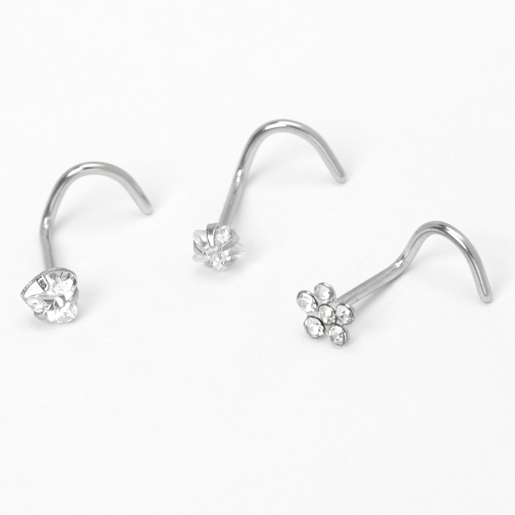View Claires Tone 20G Flower Heart Star Nose Studs 3 Pack Silver information