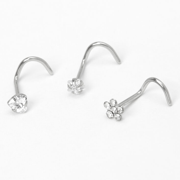 Silver-tone 20G Flower Heart Star Nose Studs - 3 Pack,