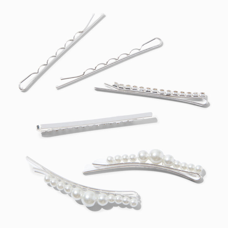 Silver Wave Pearl &amp; Crystal Bobby Pins - 6 Pack,