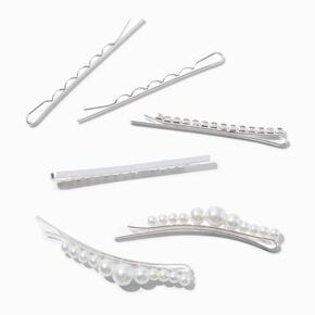 Silver-tone Wave Pearl &amp; Crystal Bobby Pins - 6 Pack,