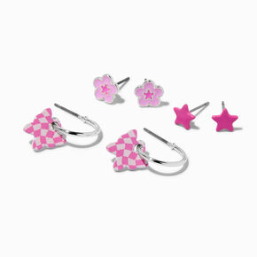 Boucles d&rsquo;oreilles vari&eacute;es papillons, fleurs et &eacute;toiles roses - Lot de 3,