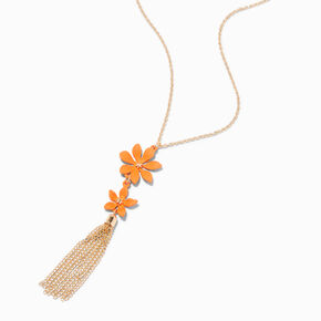 Orange Daisy Gold-tone Tassel Long Pendant Necklace,