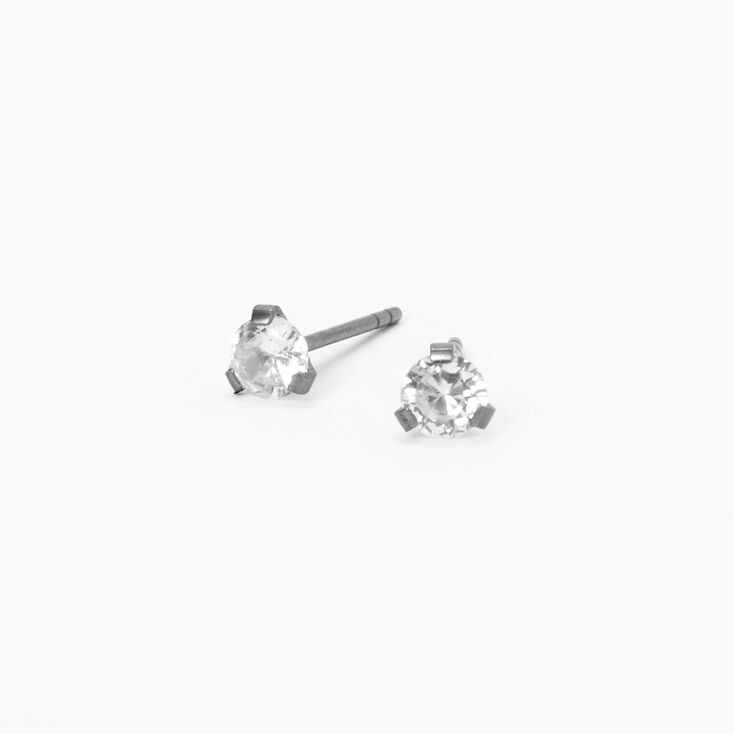 Silver Titanium Cubic Zirconia Round Stud Earrings - 4MM,