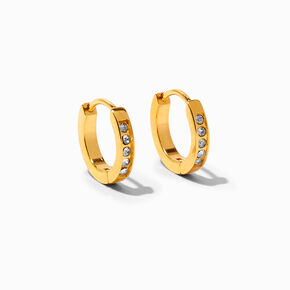 C LUXE by Claire&#39;s 18k Yellow Gold Plated Titanium 10MM Crystal Huggie Hoop Earrings,
