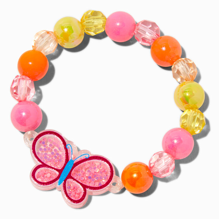 Claire&#39;s Club Pink Butterfly Shaker Charm Beaded Stretch Bracelet,