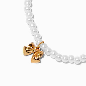 Gold-tone Bow &amp; Pearl Beaded Stretch Bracelet,