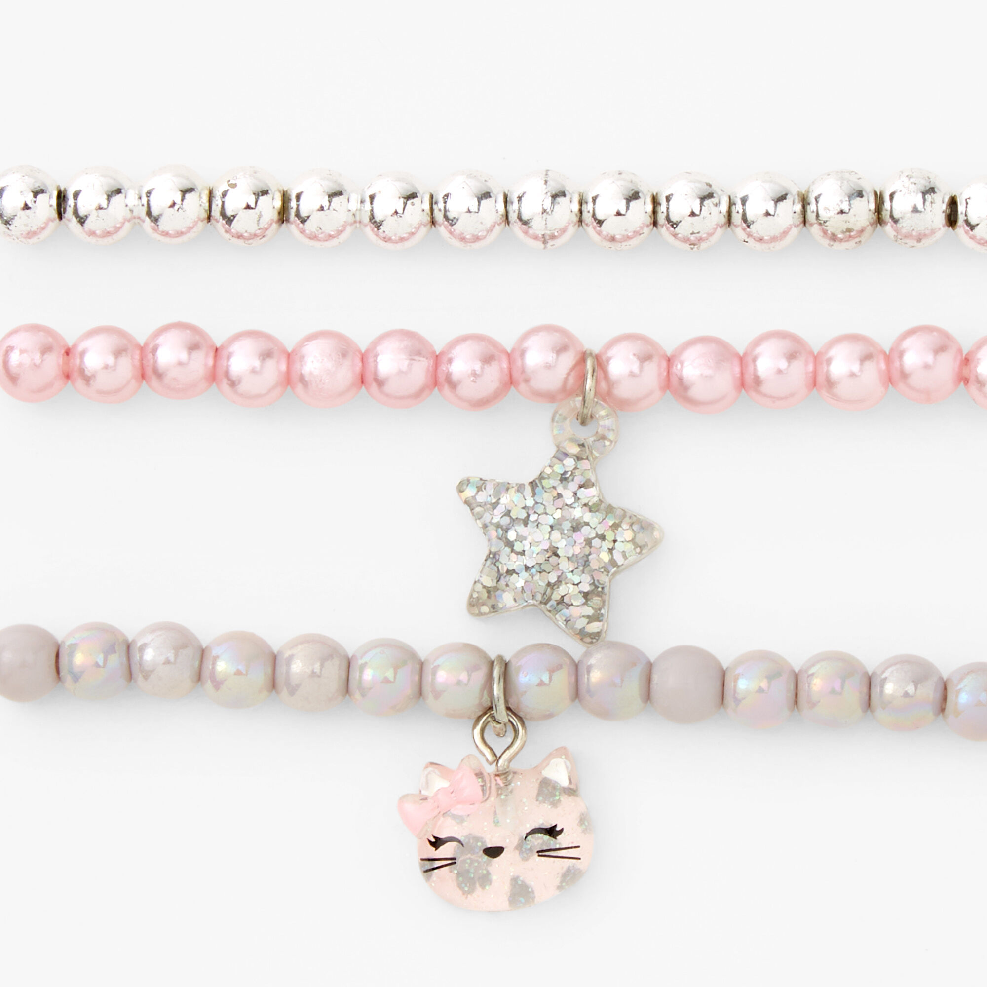 Claire's Club Pink Cat Beaded Stretch Bracelets - 3 Pack,