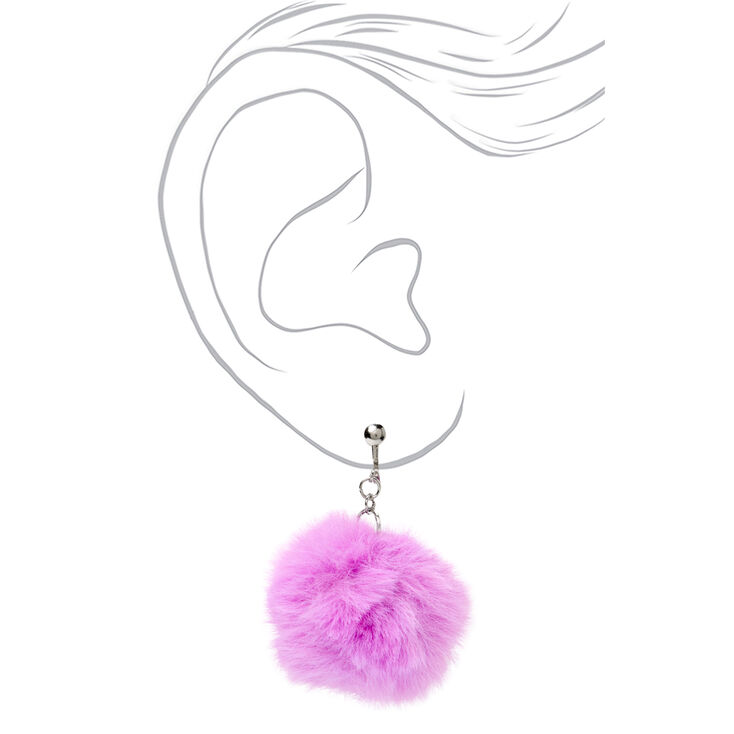 Silver 1.5&quot; Pom Pom Clip On Drop Earrings - Purple,