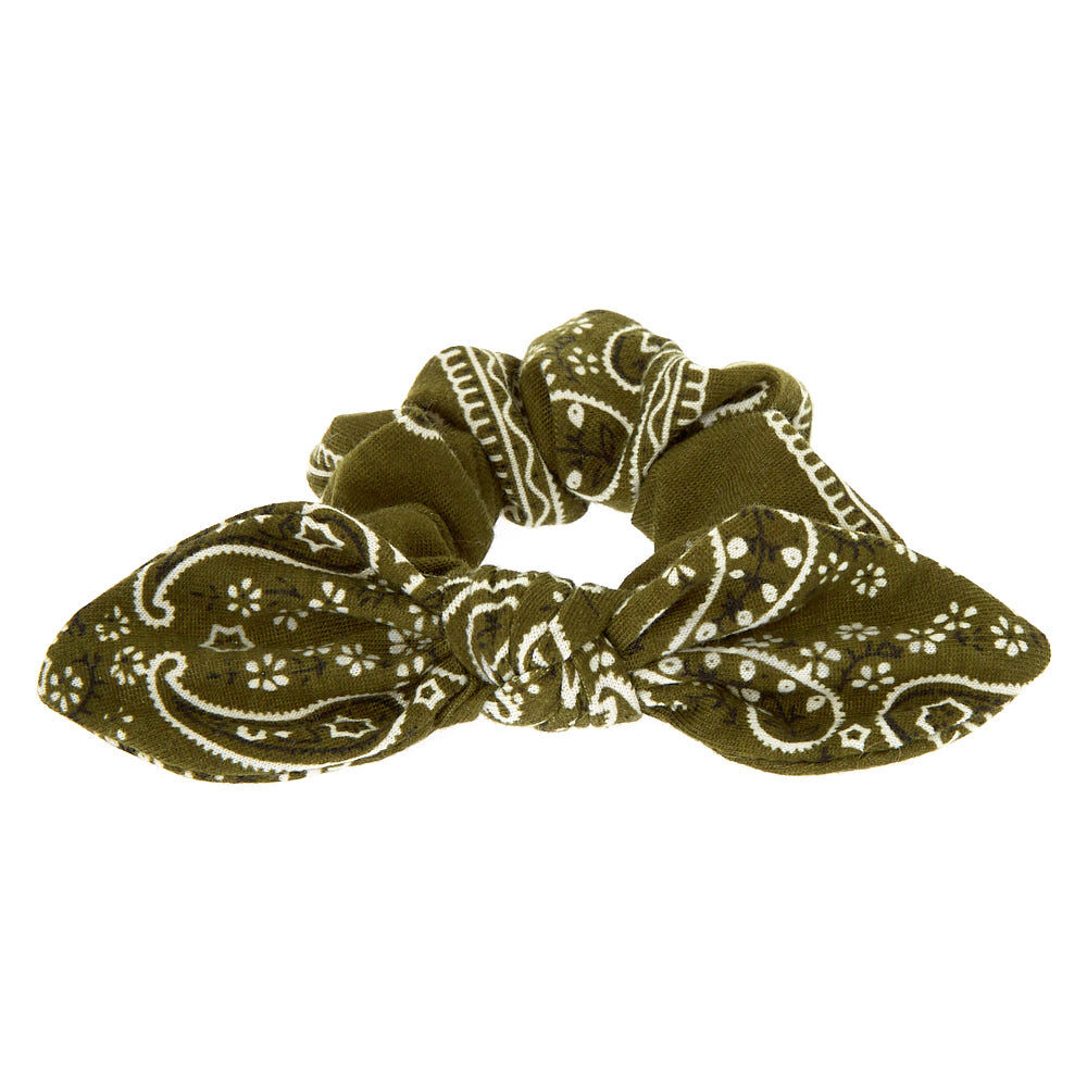 Small Bandana Knotted Bow Hair Scrunchie - Olive Green,