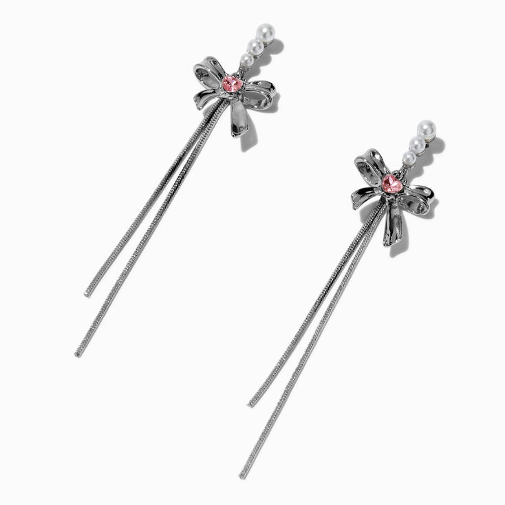 Pearl &amp; Pink Heart Bow Drop Earrings,