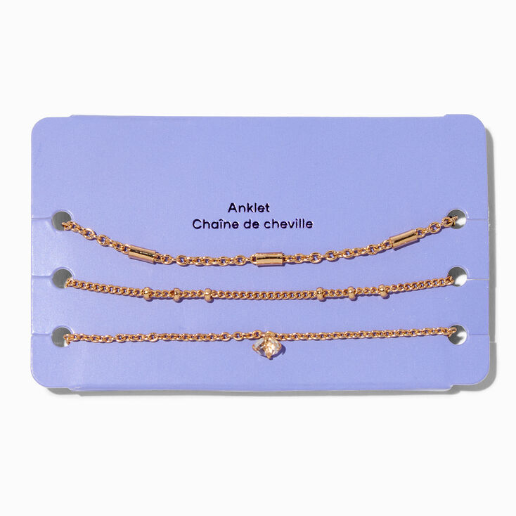 Gold-tone Dainty Rhinestone Mixed Chain Anklets - 3 Pack