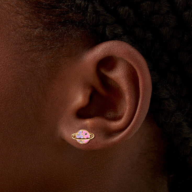 Pink &amp; Purple Saturn Embellished Planet Stud Earrings,