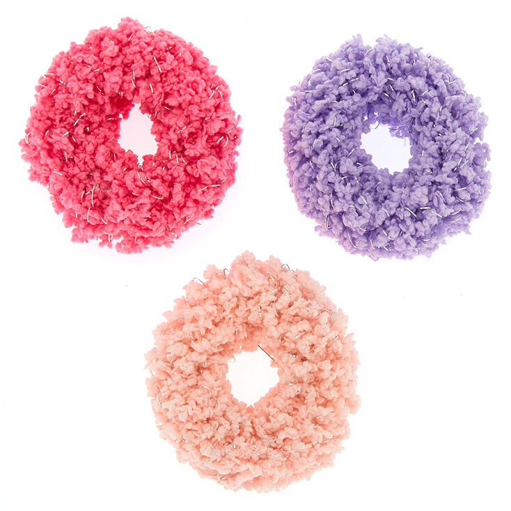 Small Fuzzy Glitter Hair Scrunchies - Pink, 3 Pack | Claire's