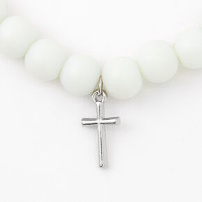 Silver-tone Cross White Beaded Stretch Bracelet,