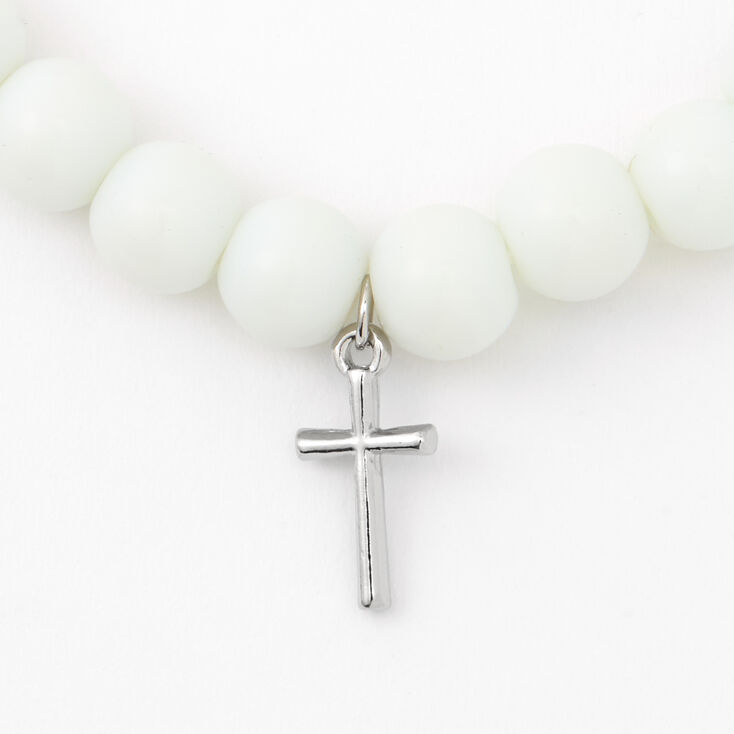 Silver-tone Cross White Beaded Stretch Bracelet,