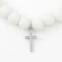Silver-tone Cross White Beaded Stretch Bracelet,