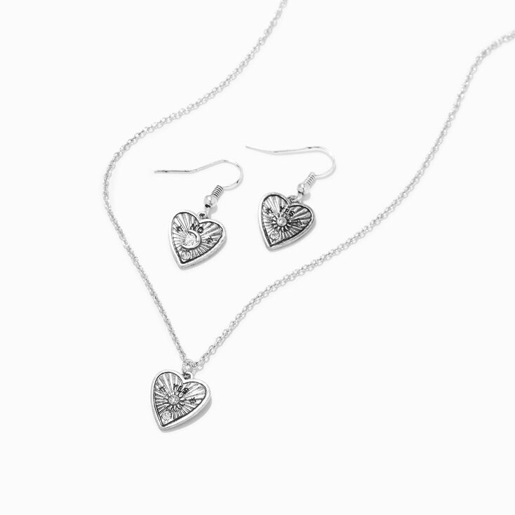 Silver Heart Fortune Teller Pendant Necklace &amp; Drop Earrings Set - 2 Pack,
