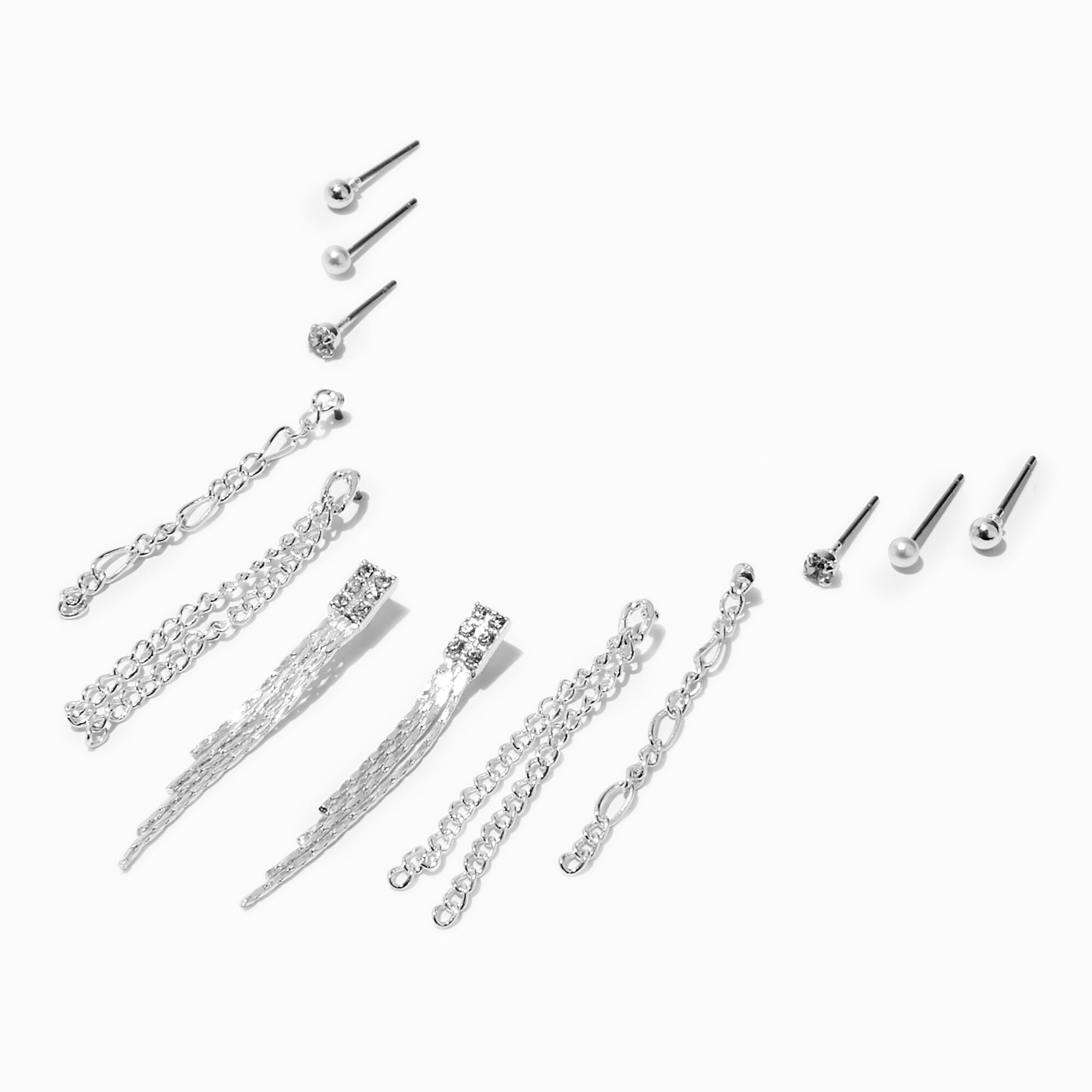 View Claires Tone Chain Crystal Pearl Earring Set 6 Pack Silver information