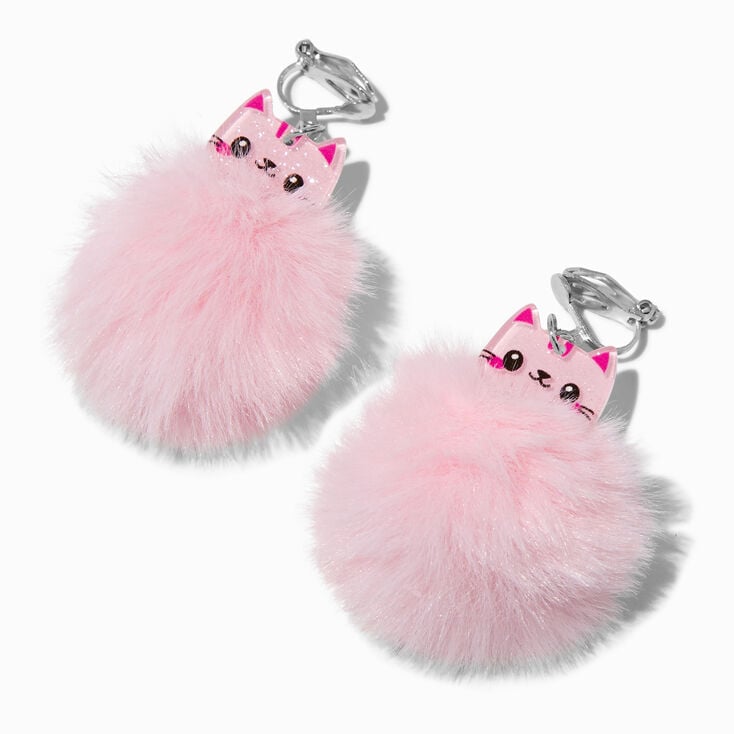 Pink Cat Pom Pom 1.5" Clip On Drop Earrings