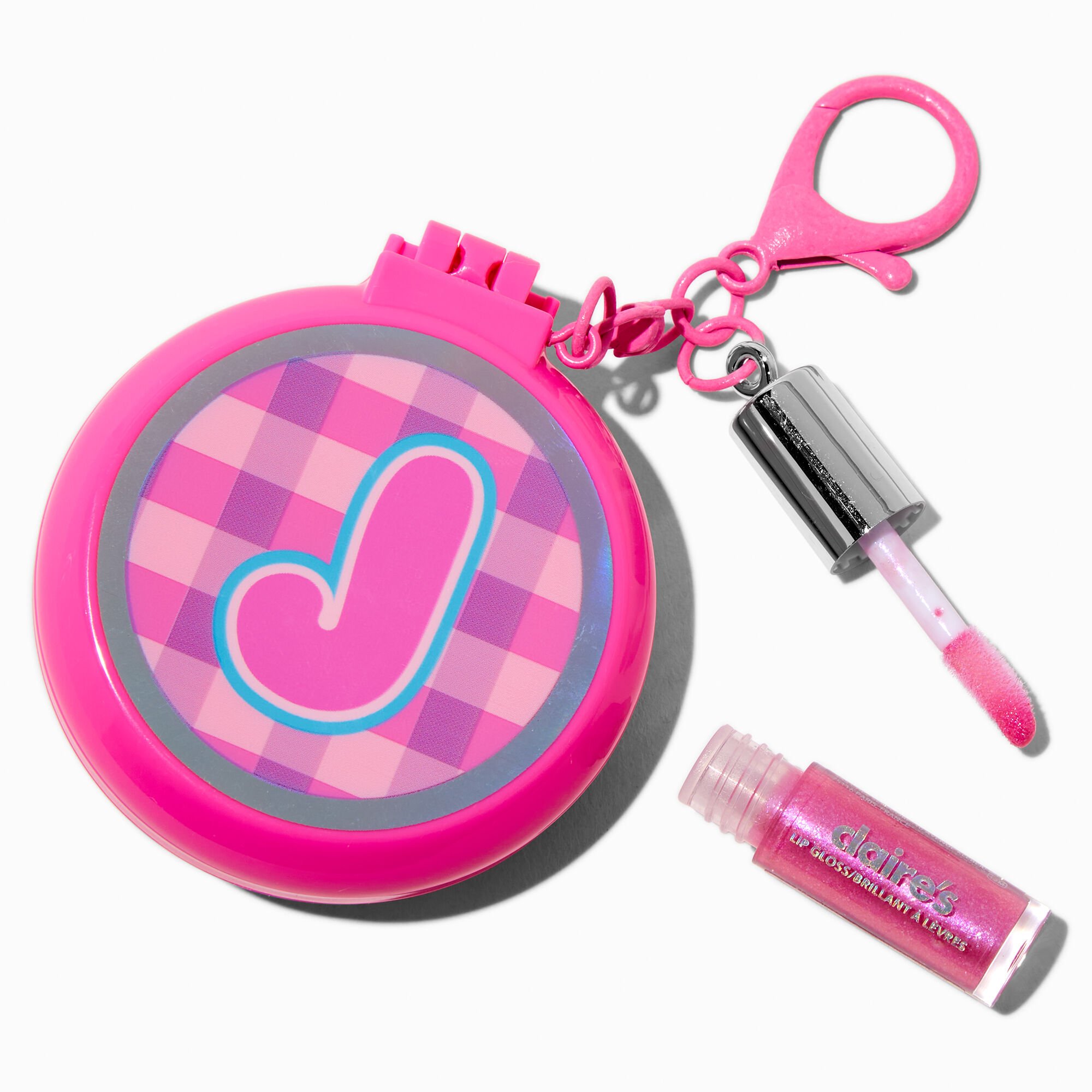 Pink Plaid Initial Hair Brush & Lip Gloss Keychain - J,