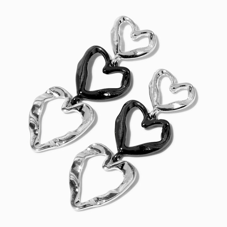 Silver-tone &amp; Hematite Triple Heart 2&quot; Drop Earrings ,