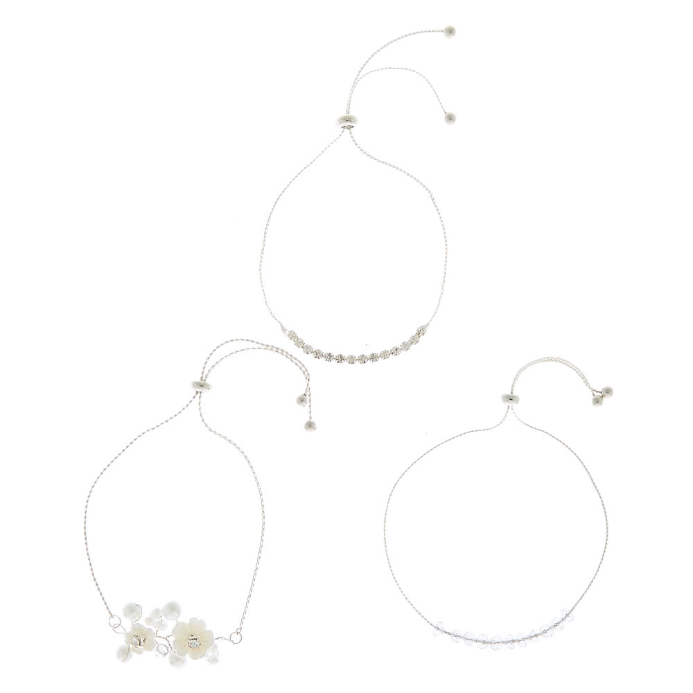 Silver Frosted Flower Adjustable Bracelets - White, 3 Pack,