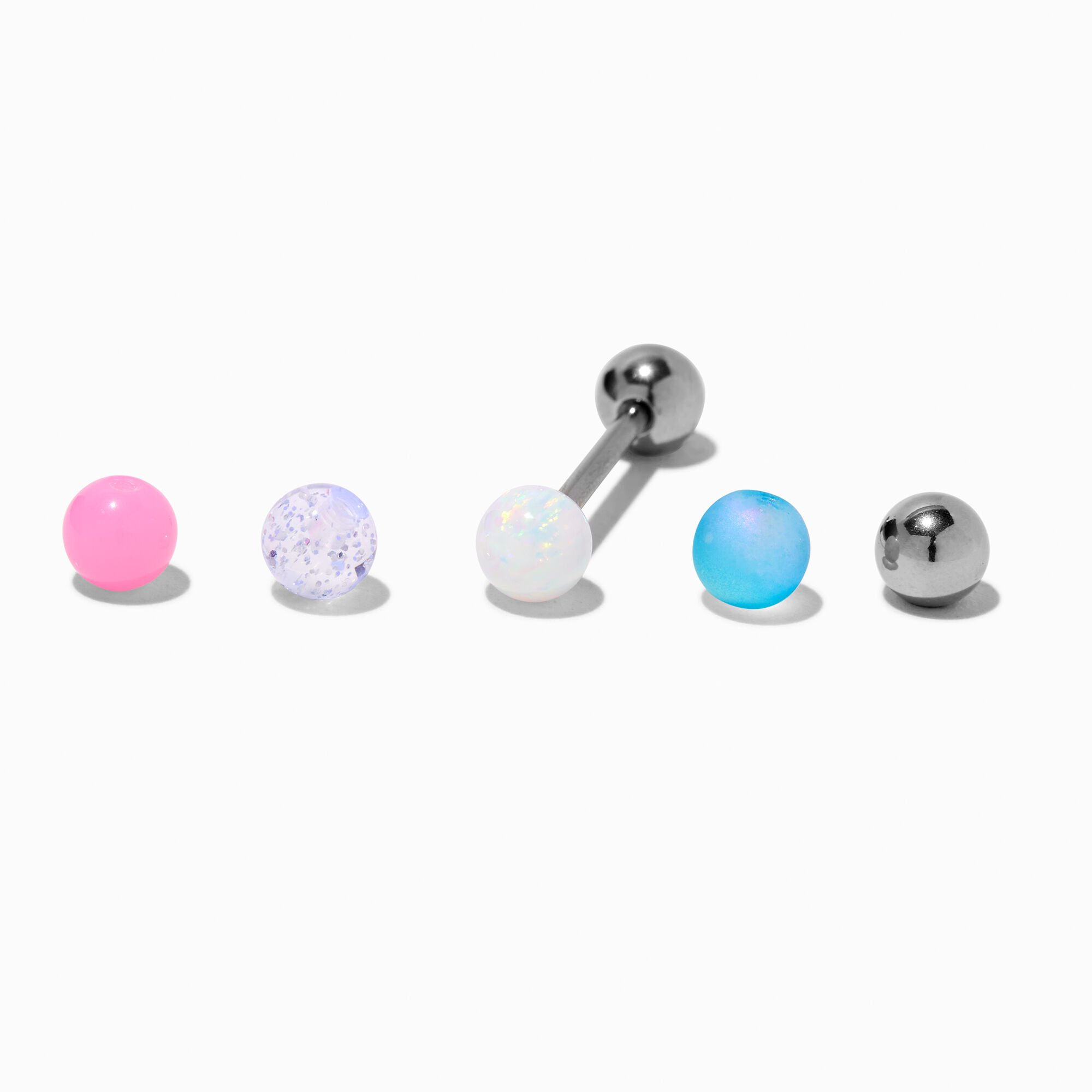 Stainless Steel Multi Changeable Opal Ball 14G Tongue Barbell - 5 Pack,