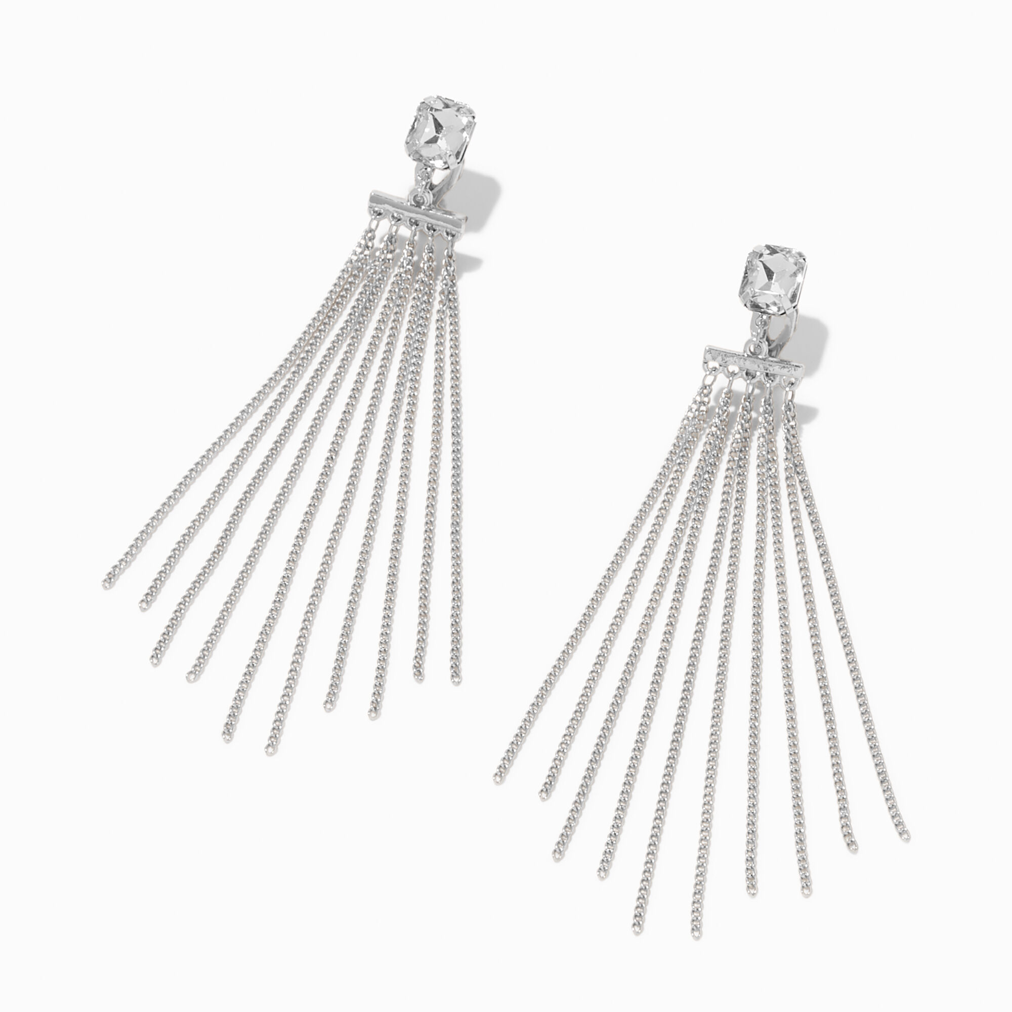 View Claires Tone 3 Crystal Chain Fringe ClipOn Drop Earrings Silver information