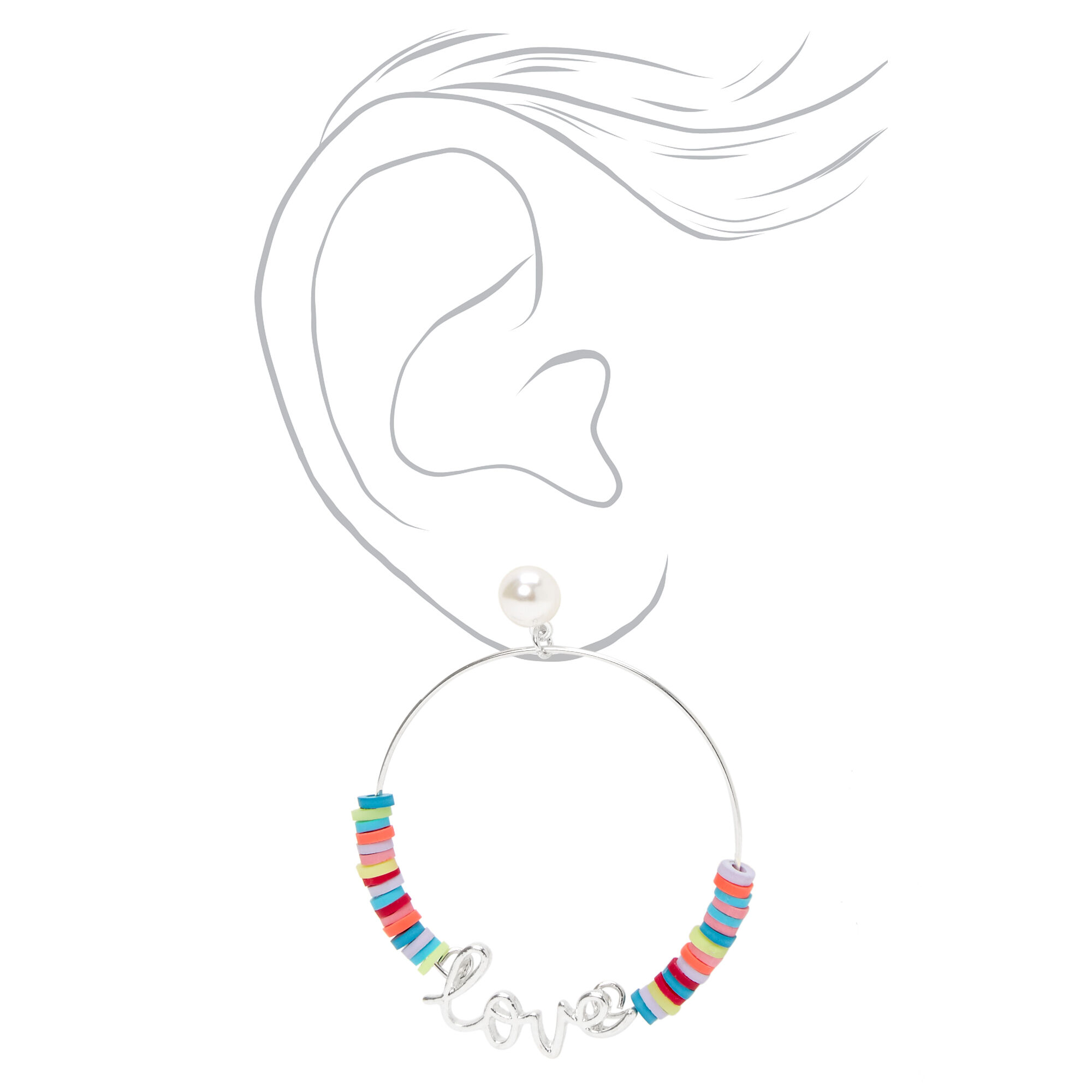 Silver Love Script Rainbow Disc Hoop Earrings,