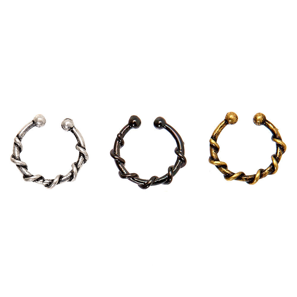 Mixed Metal Wired Faux Hoop Nose Rings - 3 Pack,