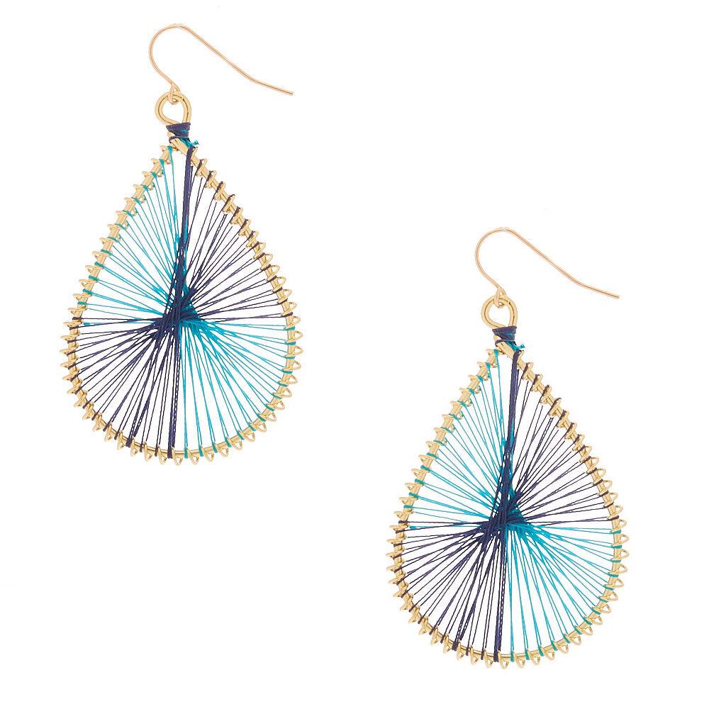 Gold 2 Teardrop Threaded Drop Earrings Turquoise