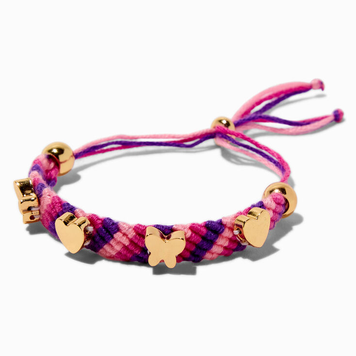 Gold-tone Charm Pink &amp; Purple Woven Bolo Bracelet,
