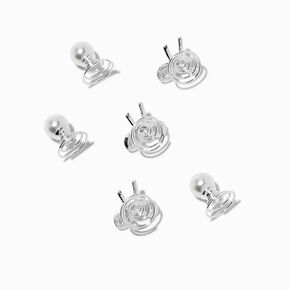 Gemstone Bow &amp; Pearl Silver-tone Hair Spinners - 6 Pack,