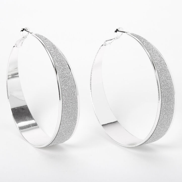 Silver 60MM Half Glitter Hoop Earrings,