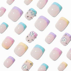 Multicoloured French Tip Bling Short Square Vegan Faux Nail Set - 24 Pack,