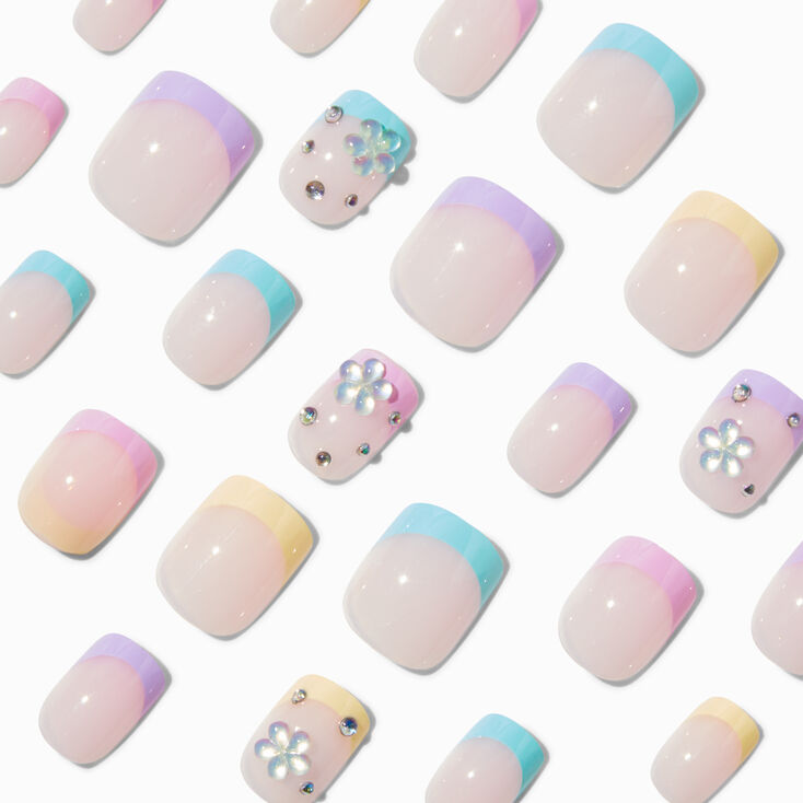 Multicoloured French Tip Bling Short Square Vegan Faux Nail Set - 24 Pack,